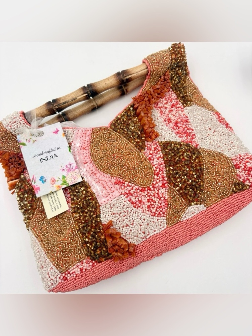 Handcrafted India Beaded Sequin Bamboo Handle Handbag Pink Coral Gold NEW
